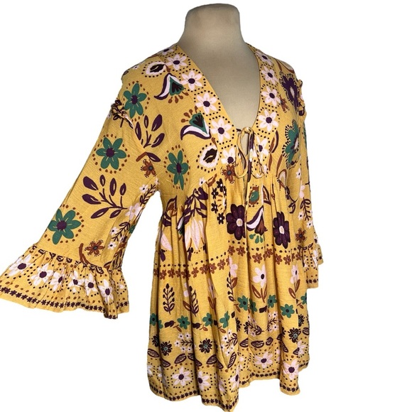 Easel Retro Boho Mustard Yellow Multicolor Floral Babydoll Tunic Top Size Smalll - Picture 2 of 7